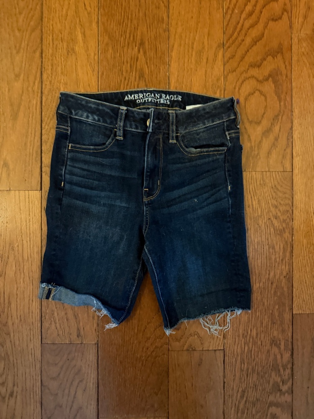 American Eagle Outfitters Dark Blue Frayed Hem Denim Shorts
